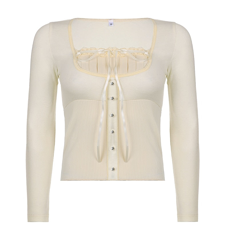 Sweet Cute Crop Top Lace Frill Bow Pullovers Vintage Square Collar T Shirt - MERGE.DAY.1.FREESTYLE