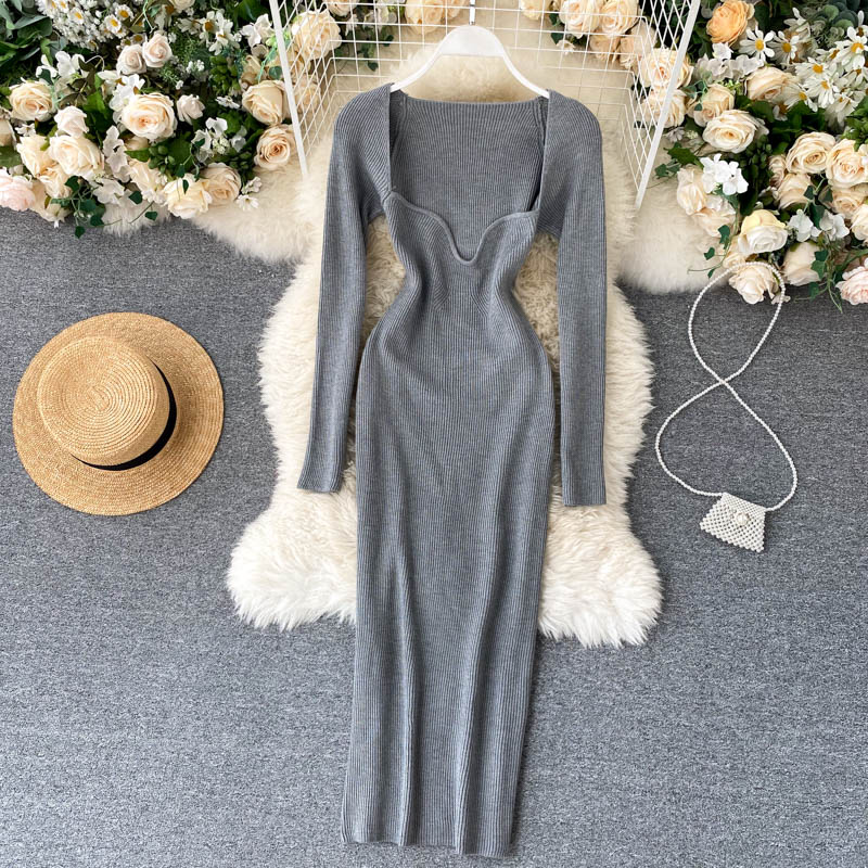 Strapless Ribbed Knitted Bodycon Dress Women Winter Long Sleeve Midi Sweater Dress - MERGE.DAY.1.FREESTYLE