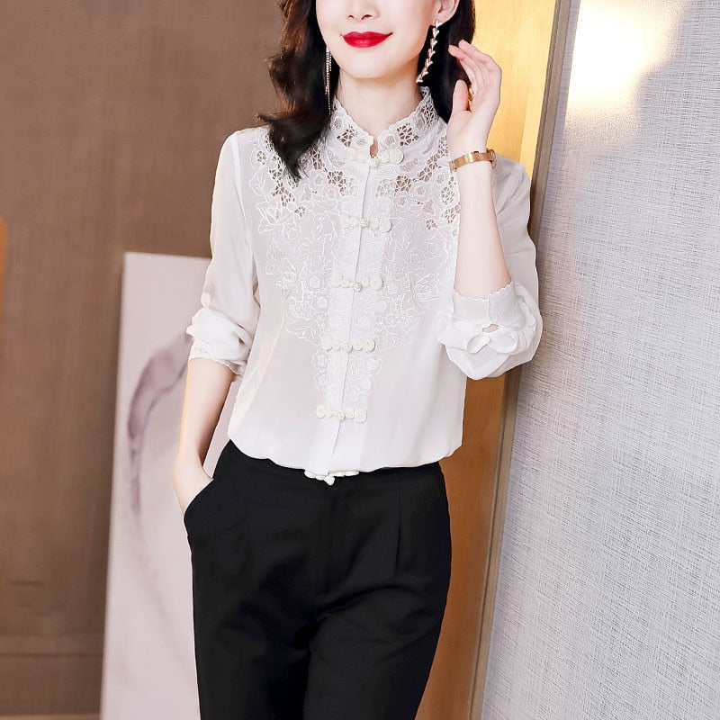Embroidery Hollow Blouse Women Long Sleeve Imitation Silk Top Loose Vintage Shirt Plus Size - MERGE.DAY.1.FREESTYLE
