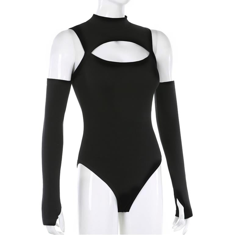 Women’s Long-sleeved Bodysuit Solid Color Hollow Off-shoulder Half High Collar Jumpsuit - MERGE.DAY.1.FREESTYLE