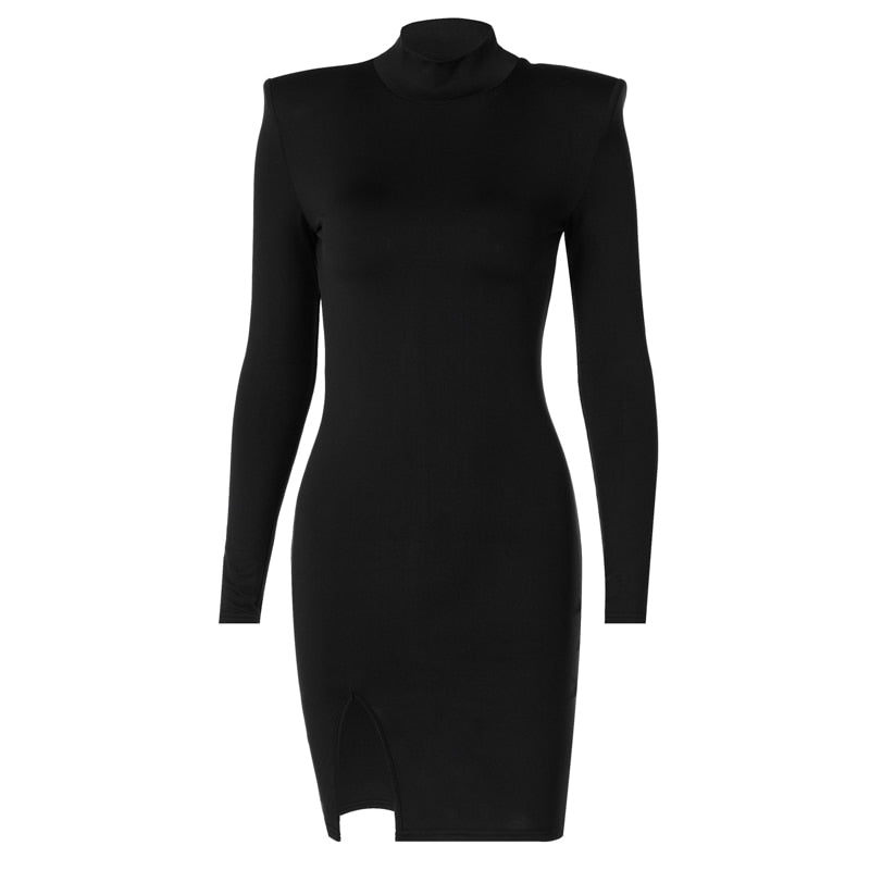 Women Spring Autumn Long Sleeve Bodycon Soild Color Black Slim Package Hip Mini Dress - MERGE.DAY.1.FREESTYLE