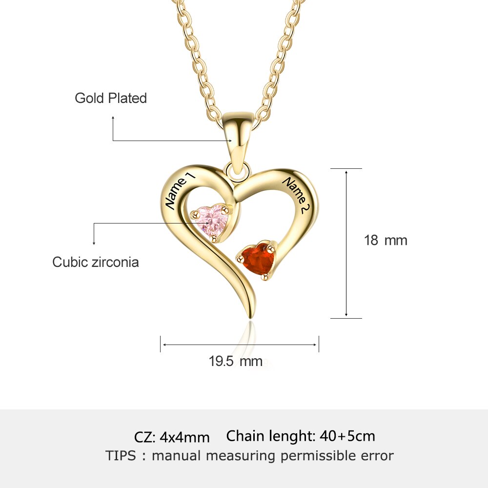 925 Sterling Silver Heart Necklace with 2 Birthstones Custom Engrave Name Pendant - MERGE.DAY.1.FREESTYLE