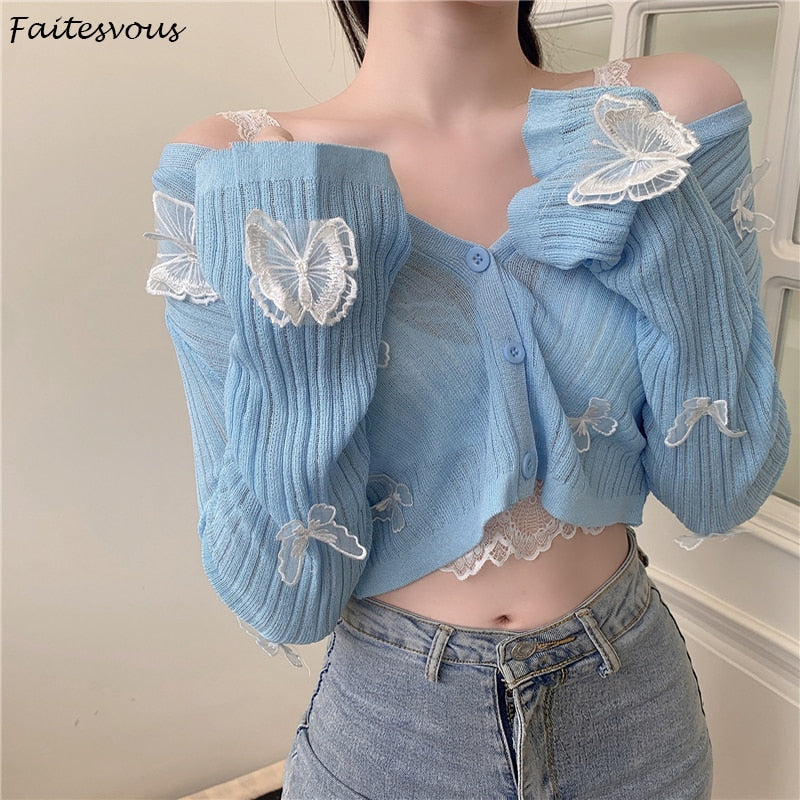Butterfly Knit Cardigans Women V-Neck Crop Tops Ladies Summer Thin Long Sleeved - MERGE.DAY.1.FREESTYLE