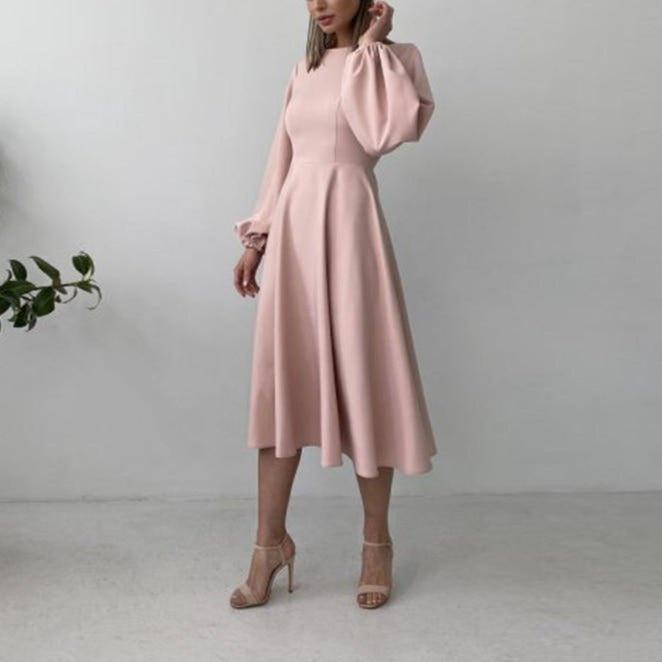 Sexy Backless Midi Long Dresses Lantern Sleeve O-Neck Autumn Folds A-Line For Women - MERGE.DAY.1.FREESTYLE