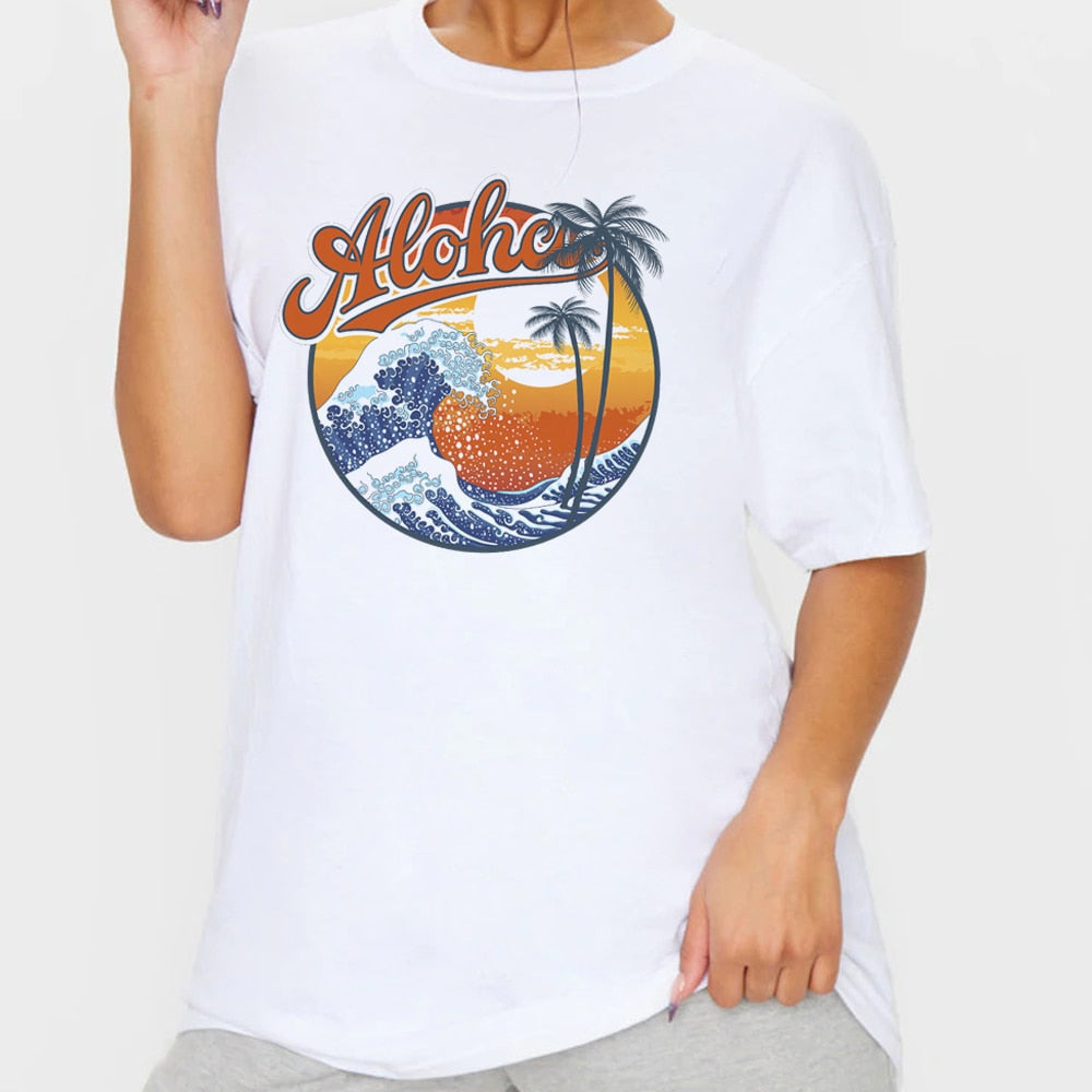 1pcs WHITE Tees Summer Casual Oversized Tee Best Surfing Santa Monica California Womens Retro Style - MERGE.DAY.1.FREESTYLE