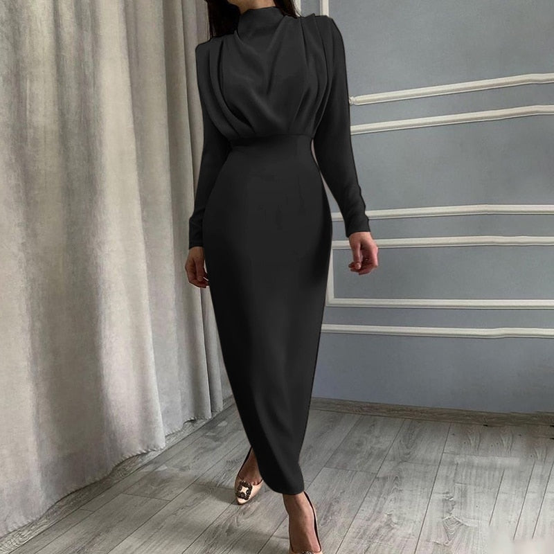 Elegant Women Dress Stand Collar Slim Waist Solid Ankle Length Autumn Long Sleeve Dress - MERGE.DAY.1.FREESTYLE