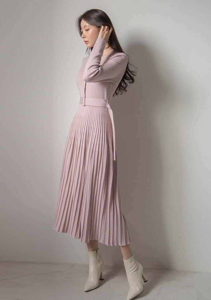Single-breasted Women Sweater Dress Knitted Belted Female A-line soft dresses - MERGE.DAY.1.FREESTYLE