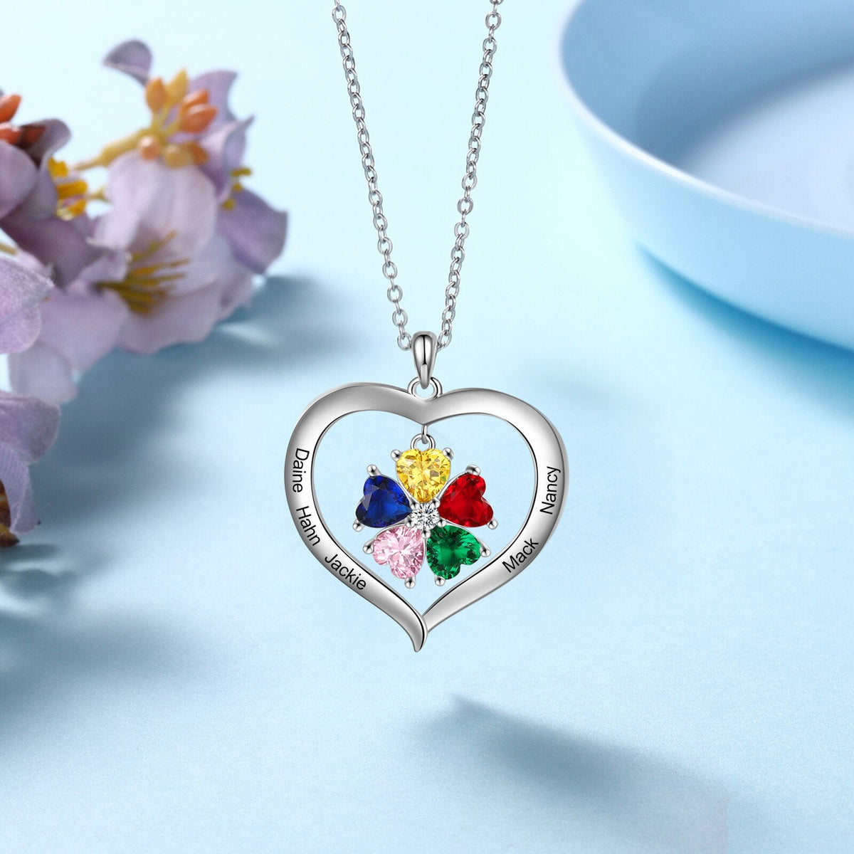 Personalized Heart Name Necklace with 1-8 Engraving Birthstone Pendant - MERGE.DAY.1.FREESTYLE