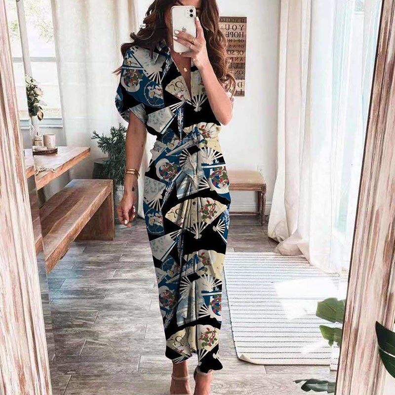 Women Summer Short Sleeve Slit Long Dress Turn-down Collar Elegant Button Draped Party Dresses - MERGE.DAY.1.FREESTYLE