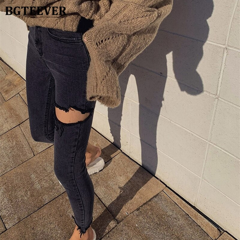 Irregular Ripped Holes Women Pencil Denim Jeans Stylish High Waist Stretched - MERGE.DAY.1.FREESTYLE