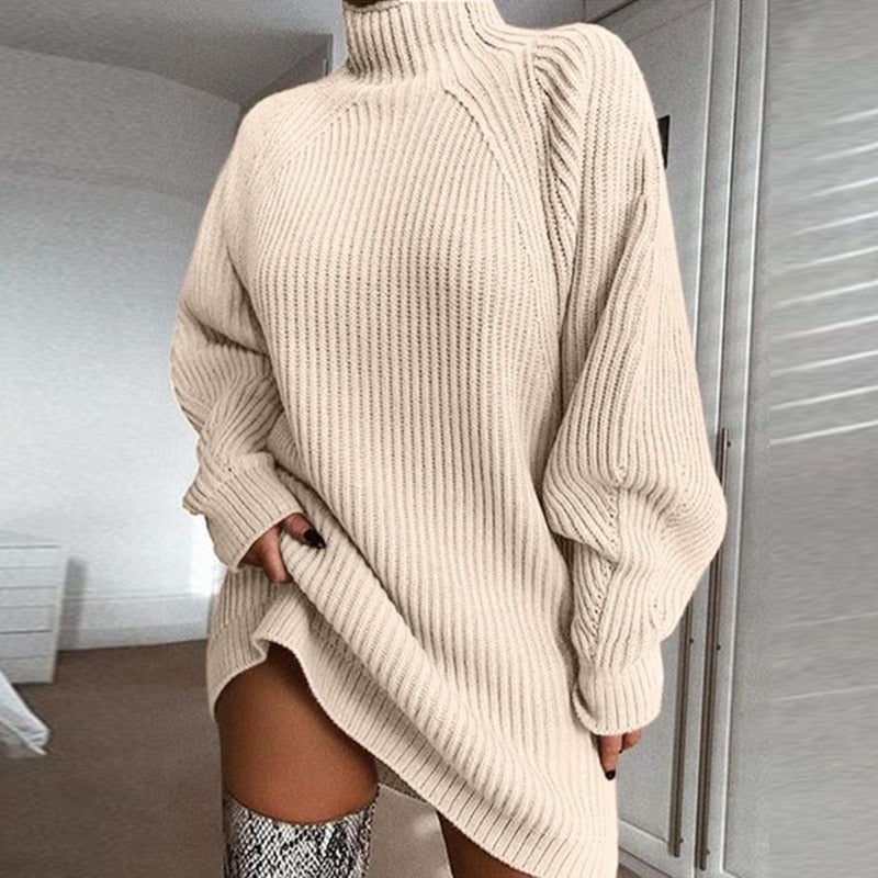 Women Turtleneck Oversized Knitted Dress Solid Long Sleeve Casual Elegant Mini Sweater Dress Plus Size - MERGE.DAY.1.FREESTYLE