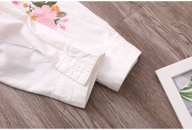 White Shirt Casual Wear Button Up Turn Down Collar Long Sleeve Cotton Blouse Embroidery - MERGE.DAY.1.FREESTYLE