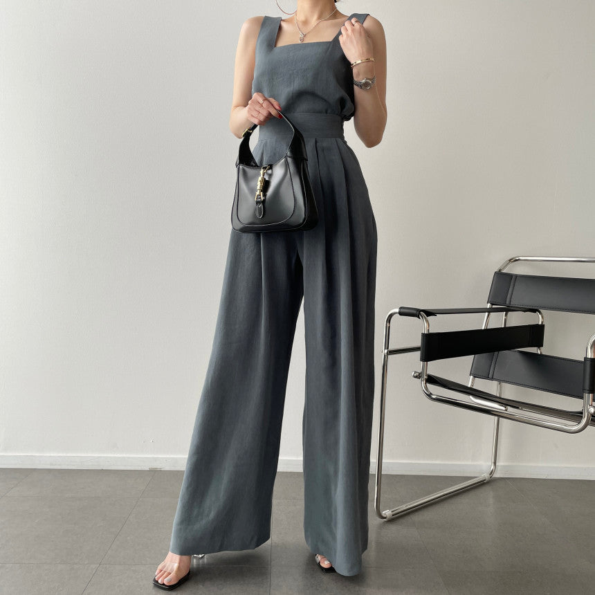 Office Ladies 2-Piece Women Square Neck Loose Vest Top + High Waist Pleated Wide Leg Pants - MERGE.DAY.1.FREESTYLE