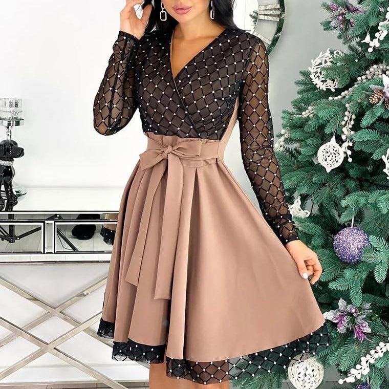 Shiny Sequin Diamond Mesh Stitching Dress Women Spring Autumn Sheer Long Sleeve Belted Slim A Line Dresses - MERGE.DAY.1.FREESTYLE