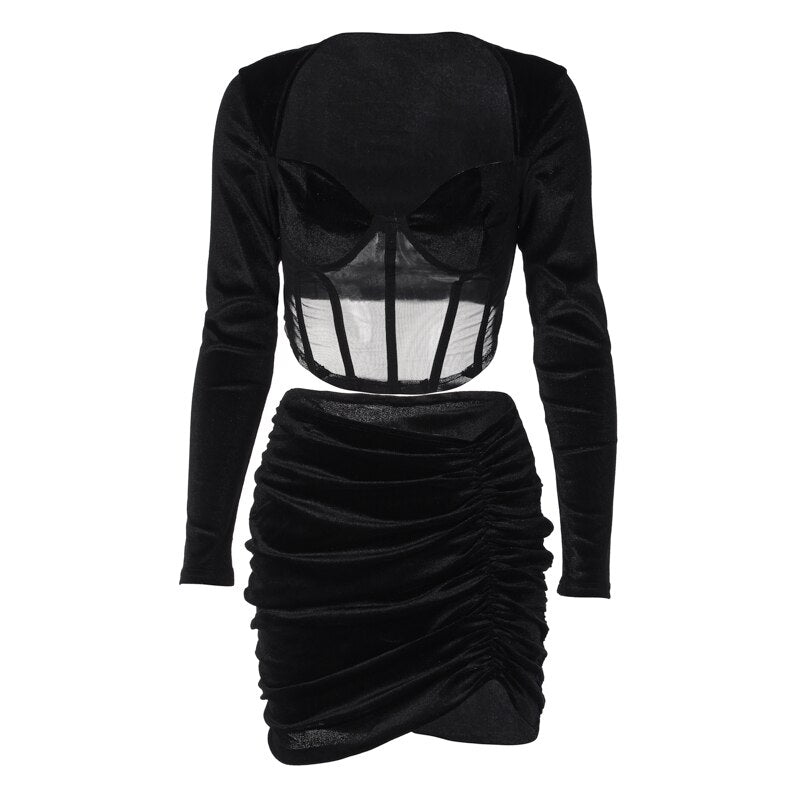Velvet Mesh Long Sleeve Corset Out Crop Top Ruched Mini Dress 2 Pcs Set Bodycon - MERGE.DAY.1.FREESTYLE