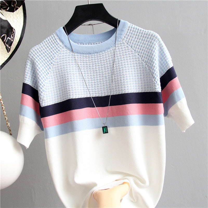 Thin Knitted T Shirt Women Short Sleeve Summer Tops Woman Clothes Striped Fashion T-Shirt - MERGE.DAY.1.FREESTYLE
