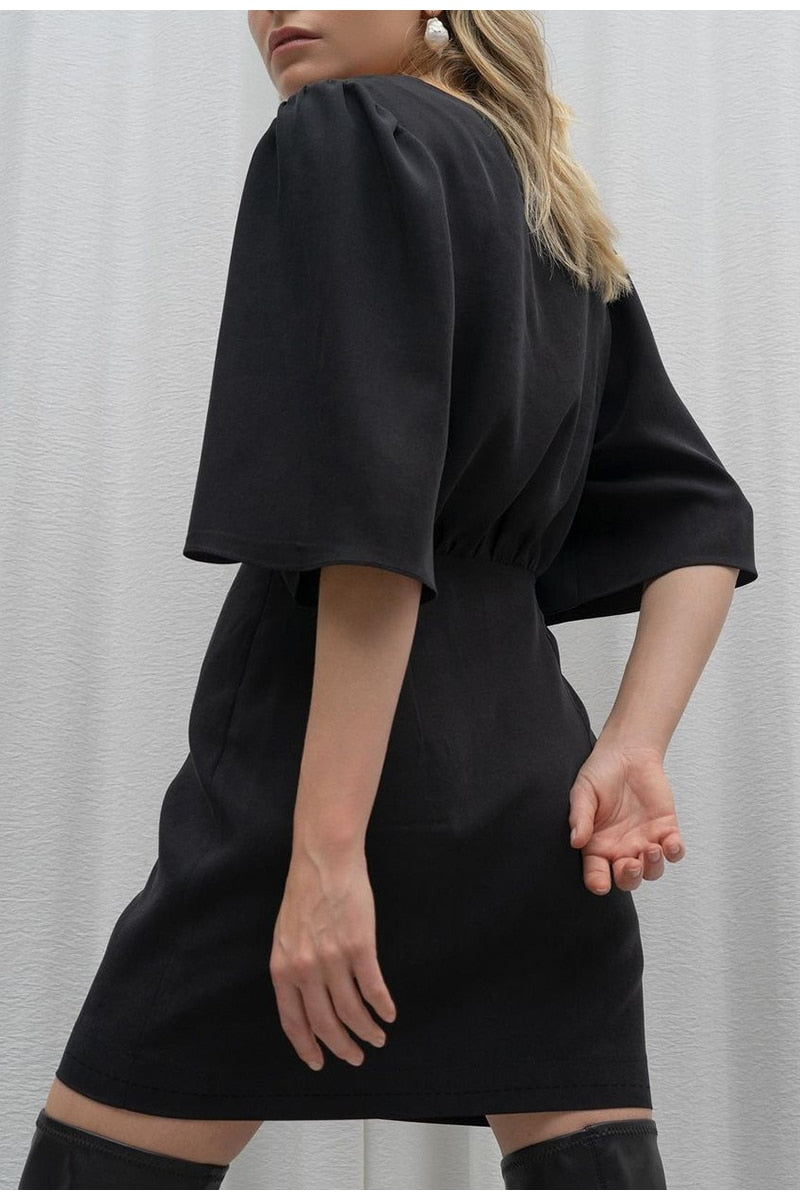 black short sleeve summer women dress 2022 Sexy V-neck solid High Street dress A-line mini Vestido - MERGE.DAY.1.FREESTYLE