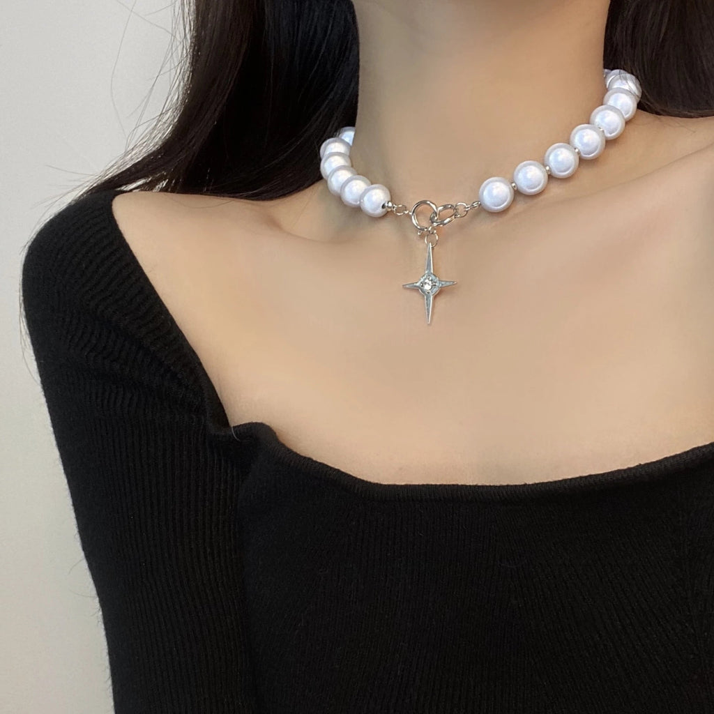 Luminous Beads Pearl Stitching Necklace Choker Cross Pendant Clavicle Sweet Party Jewelry - MERGE.DAY.1.FREESTYLE