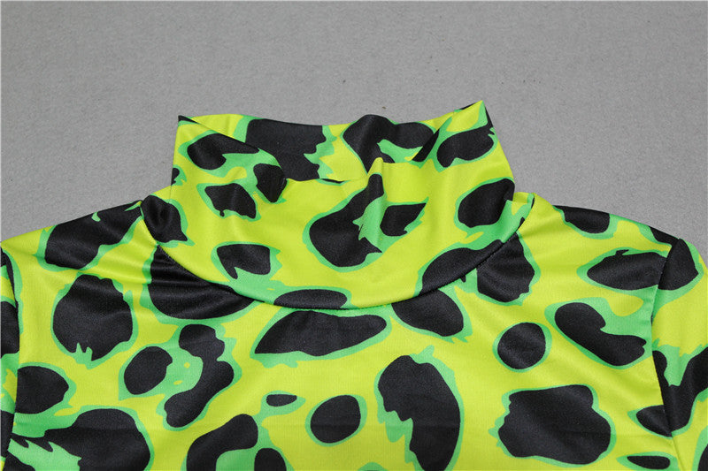Women Long Sleeve Leopard Skin Prinetd Bodysuit Sexy Neon Green Streetwear Jumpsuit - MERGE.DAY.1.FREESTYLE