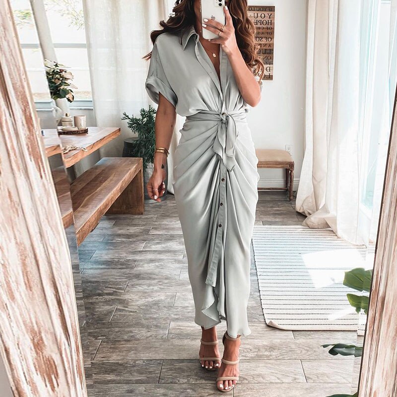 Women Summer Short Sleeve Slit Long Dress Turn-down Collar Elegant Button Draped Party Dresses - MERGE.DAY.1.FREESTYLE