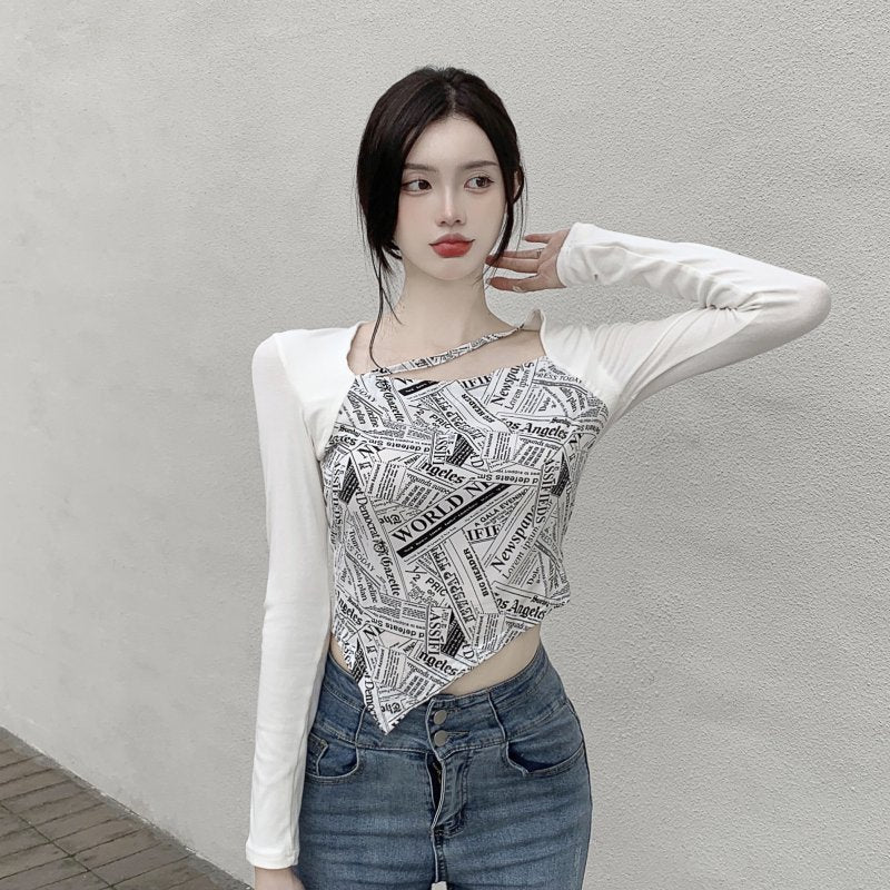 Letter Printed T-shirt Women Fake Two-piece Sexy Slim Long Sleeved Tops Female Cropped Tops - MERGE.DAY.1.FREESTYLE