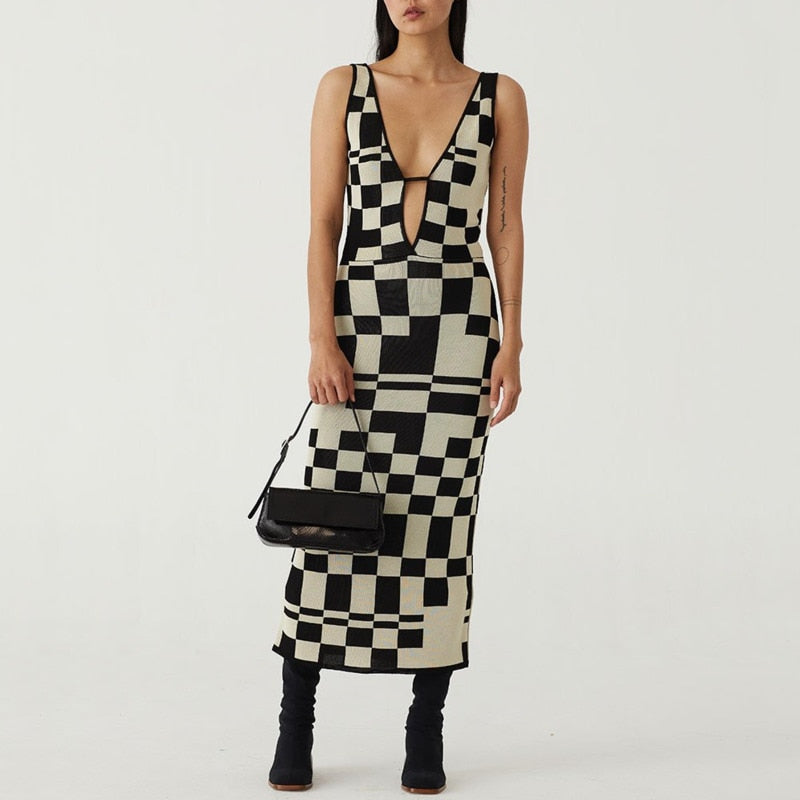 Knitted Sexy Bodycon Summer Women Dresses Backless Plaid Print Spaghetti Strap Hollow Out Vestidos - MERGE.DAY.1.FREESTYLE