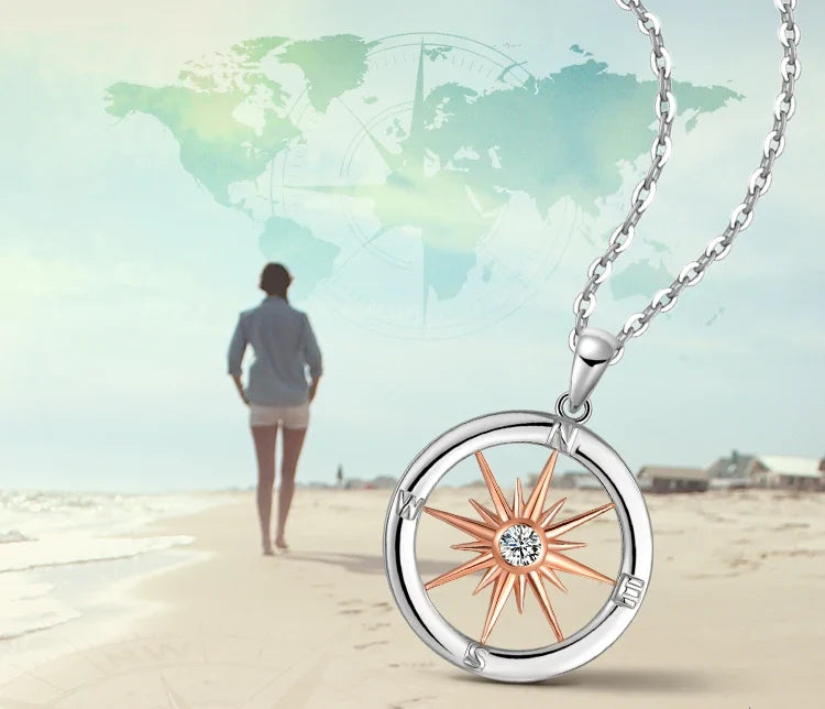 Sun Star Compass Necklace Circle Rose Gold Cubic Zirconia Pendant - MERGE.DAY.1.FREESTYLE