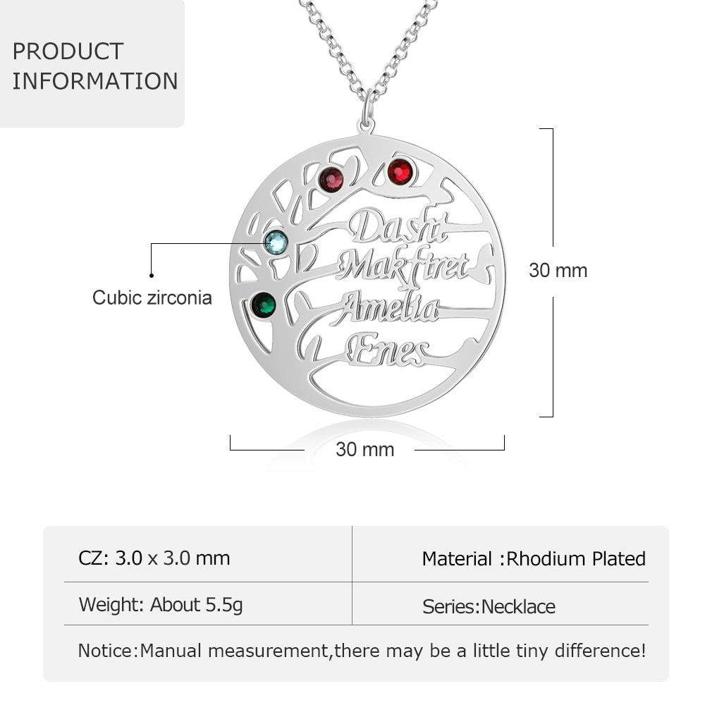 Family Tree Necklace with 4 Birthstones Name Necklace - MERGE.DAY.1.FREESTYLE