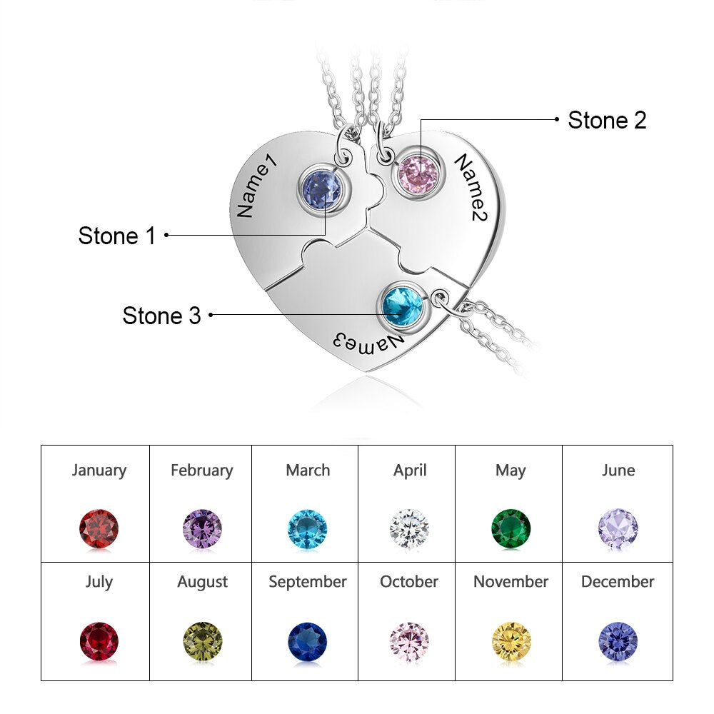 3pcs/Set Personalized Heart Birthstone Best Friend Necklace - MERGE.DAY.1.FREESTYLE