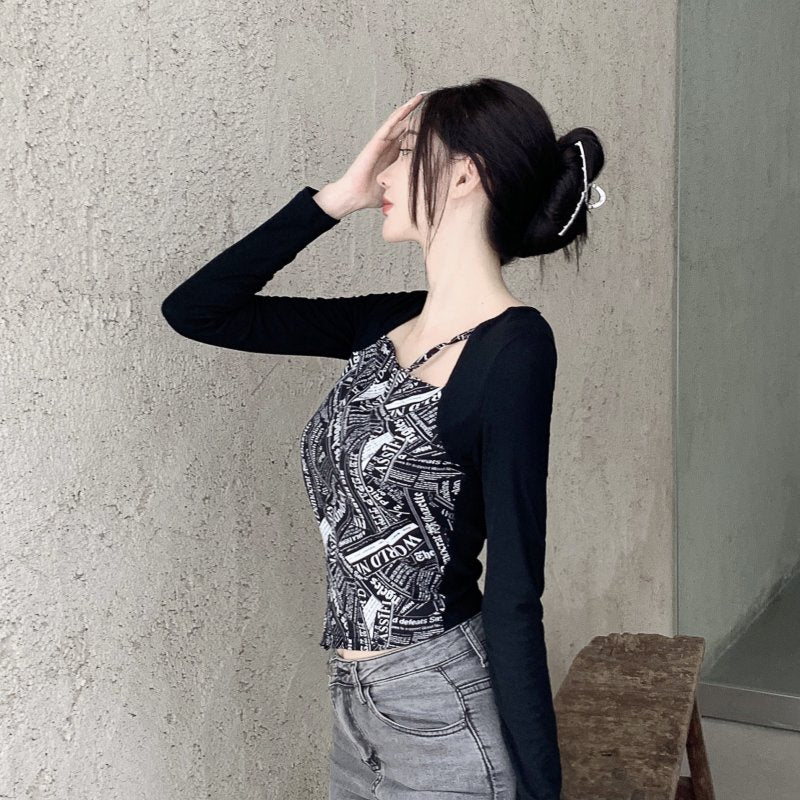 Letter Printed T-shirt Women Fake Two-piece Sexy Slim Long Sleeved Tops Female Cropped Tops - MERGE.DAY.1.FREESTYLE