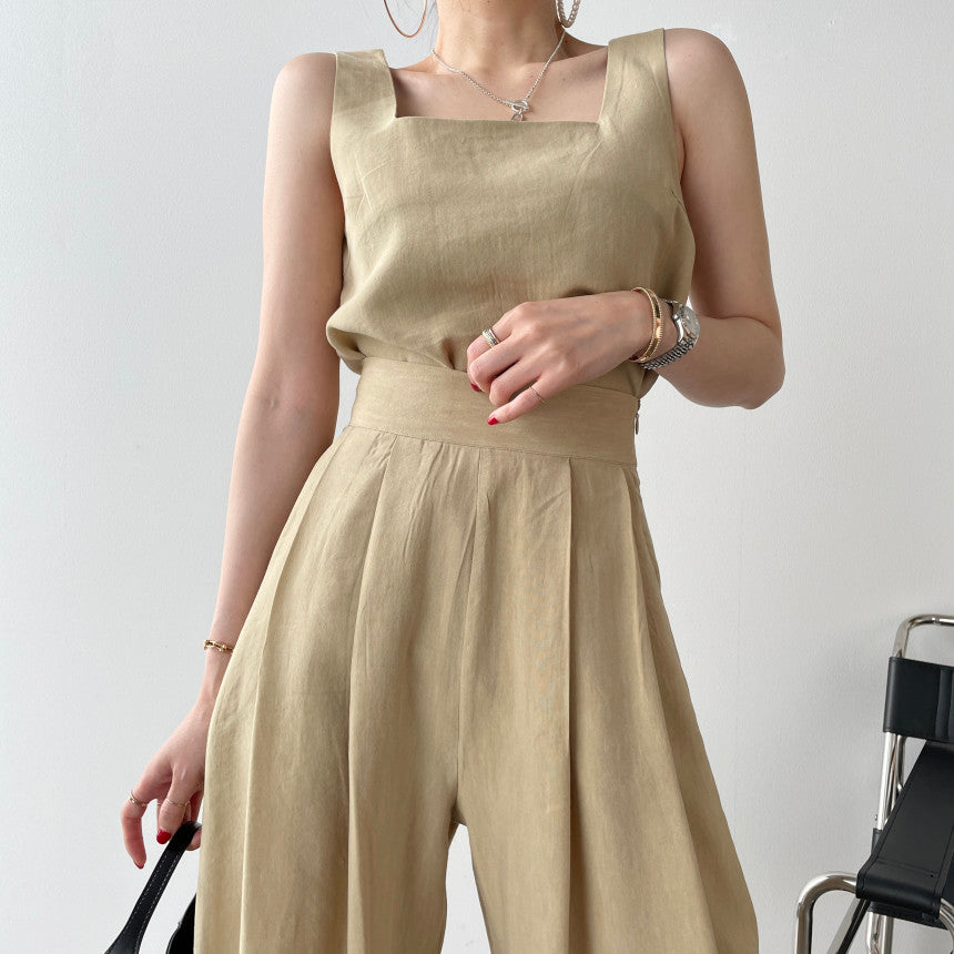 Office Ladies 2-Piece Women Square Neck Loose Vest Top + High Waist Pleated Wide Leg Pants - MERGE.DAY.1.FREESTYLE