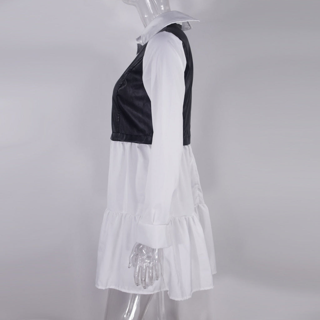 Long Sleeve Mini Shirt Dress For Women White 2022 Spring PU Leather Patchwork Plaid Dresses - MERGE.DAY.1.FREESTYLE