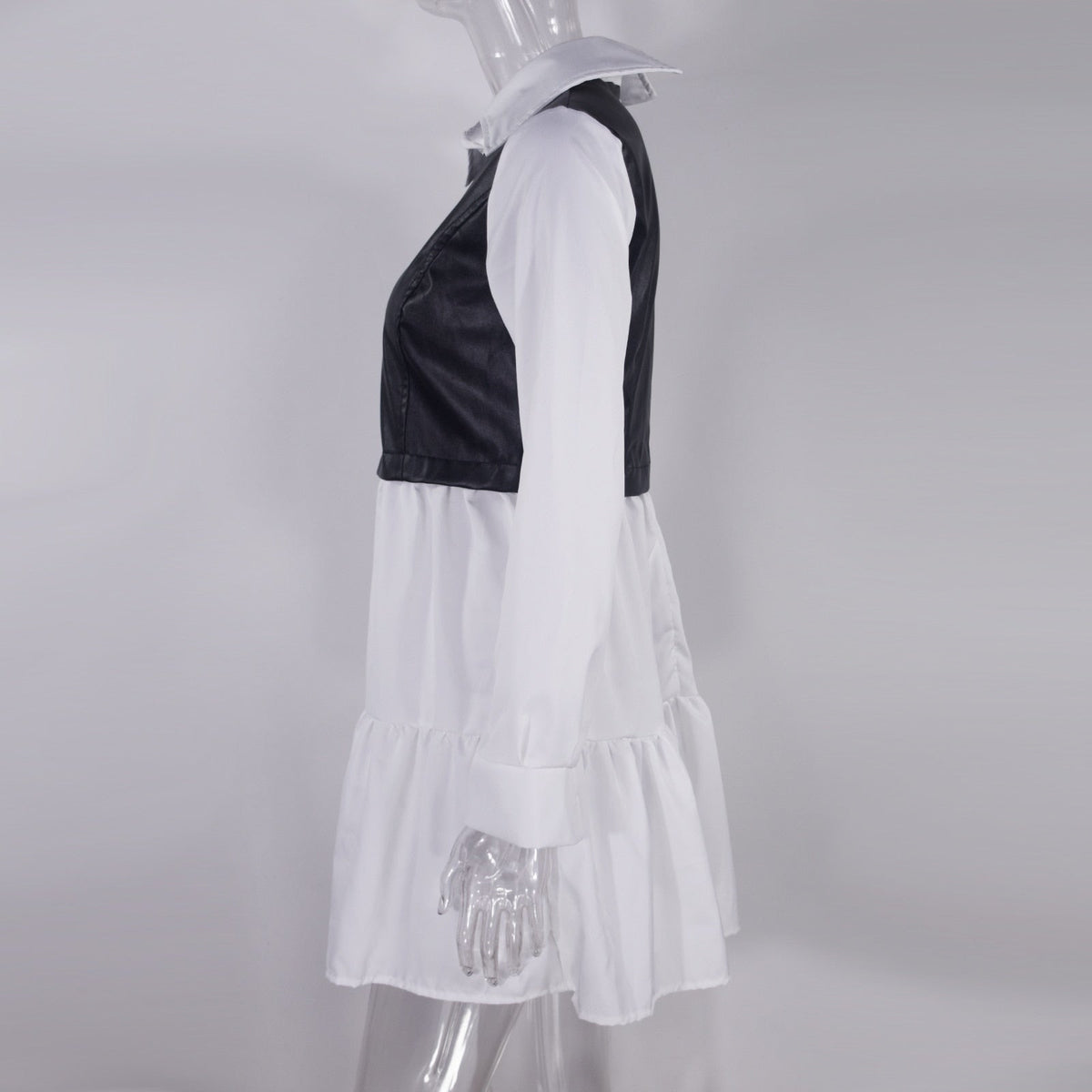 Long Sleeve Mini Shirt Dress For Women White 2022 Spring PU Leather Patchwork Plaid Dresses - MERGE.DAY.1.FREESTYLE