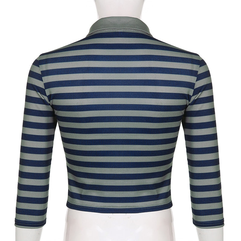 Goth Print Tops Stripe Cute T-Shirts Dark Academia Techwear Button Up V Neck Half Sleeve Sweat Shirts - MERGE.DAY.1.FREESTYLE