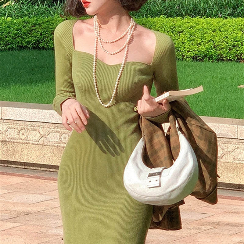 Strapless Ribbed Knitted Bodycon Dress Women Winter Long Sleeve Midi Sweater Dress - MERGE.DAY.1.FREESTYLE