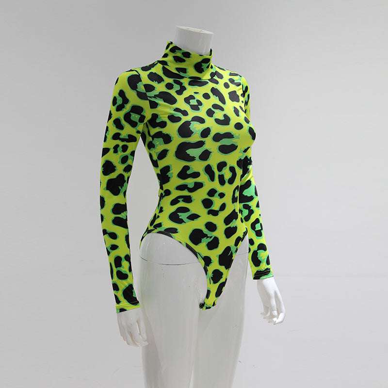 Women Long Sleeve Leopard Skin Prinetd Bodysuit Sexy Neon Green Streetwear Jumpsuit - MERGE.DAY.1.FREESTYLE
