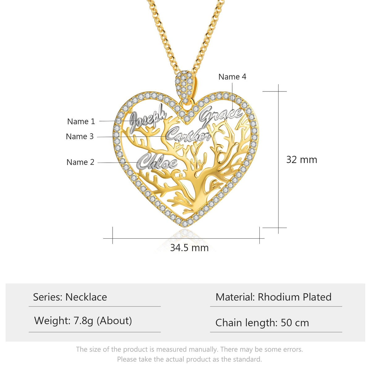 Multi-name Mixed Color Heart Necklace Family Tree of Life Nameplate Pendant - MERGE.DAY.1.FREESTYLE