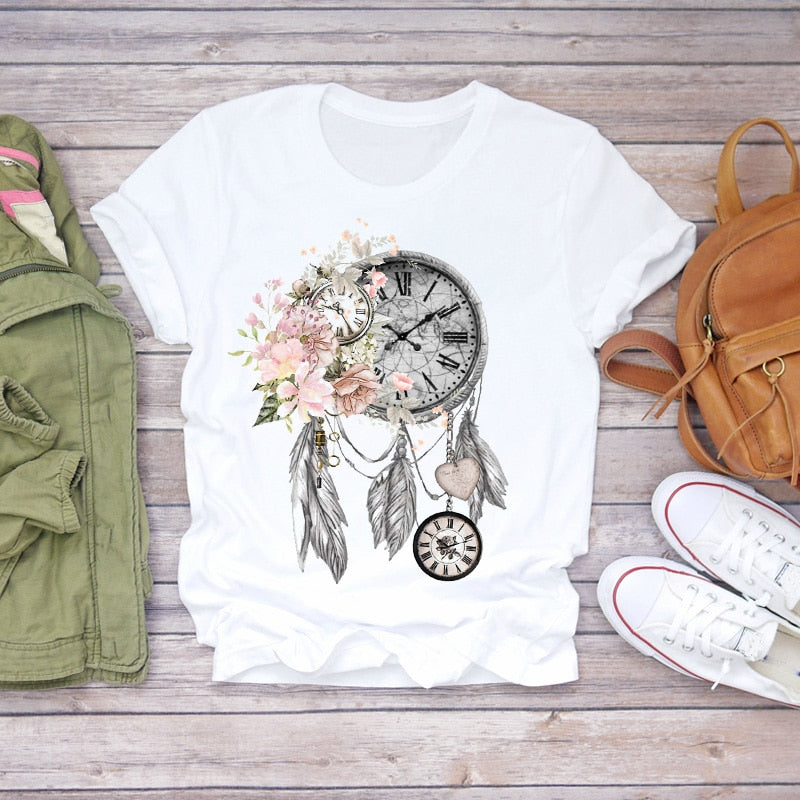 Dream Feather Print Summer Short Sleeve T-Shirts Top Graphic Plue Size - MERGE.DAY.1.FREESTYLE