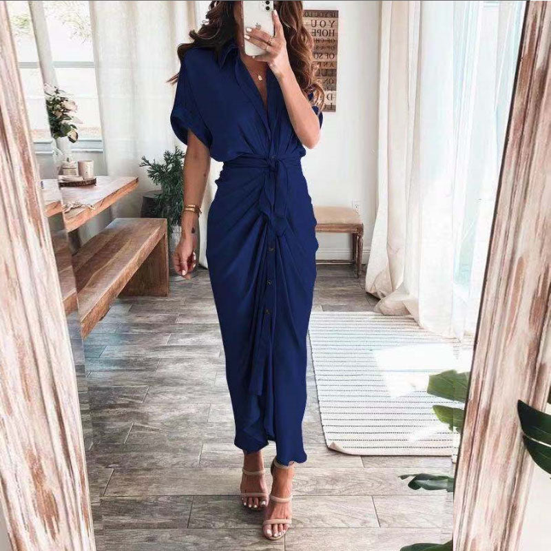 Vestido largo elegante de verano para mujer, de manga corta, con abertura, cuello tipo polo, botones y drapeado para fiesta