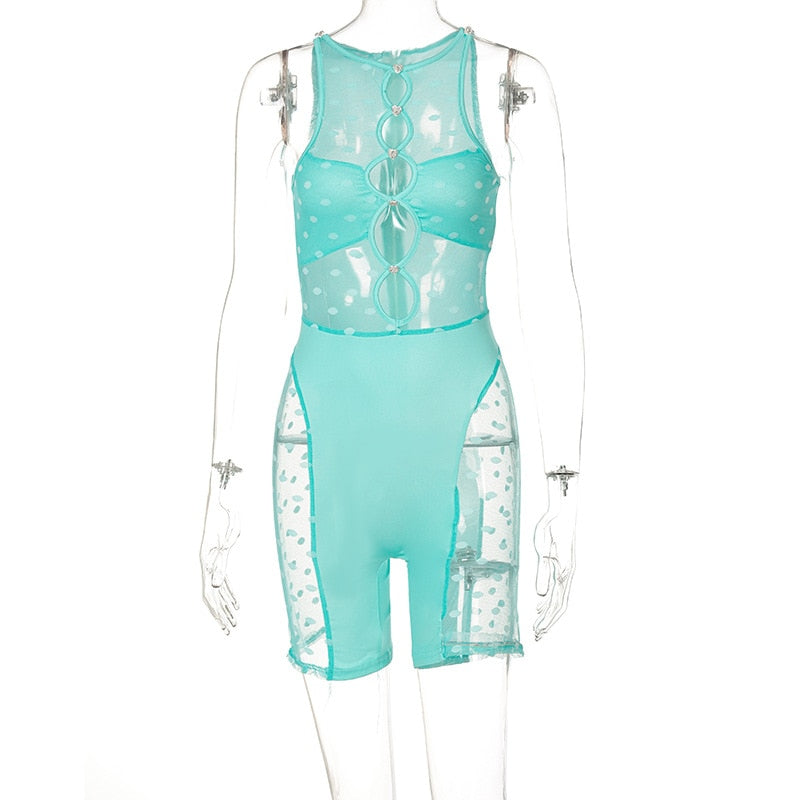 Mesh Sheer Patchwork Playsuit Birthday for Women Y2k Clothes Shorts Rompers - MERGE.DAY.1.FREESTYLE