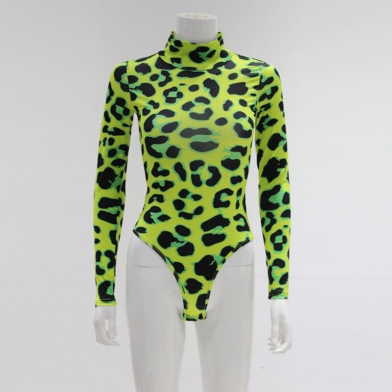 Women Long Sleeve Leopard Skin Prinetd Bodysuit Sexy Neon Green Streetwear Jumpsuit - MERGE.DAY.1.FREESTYLE