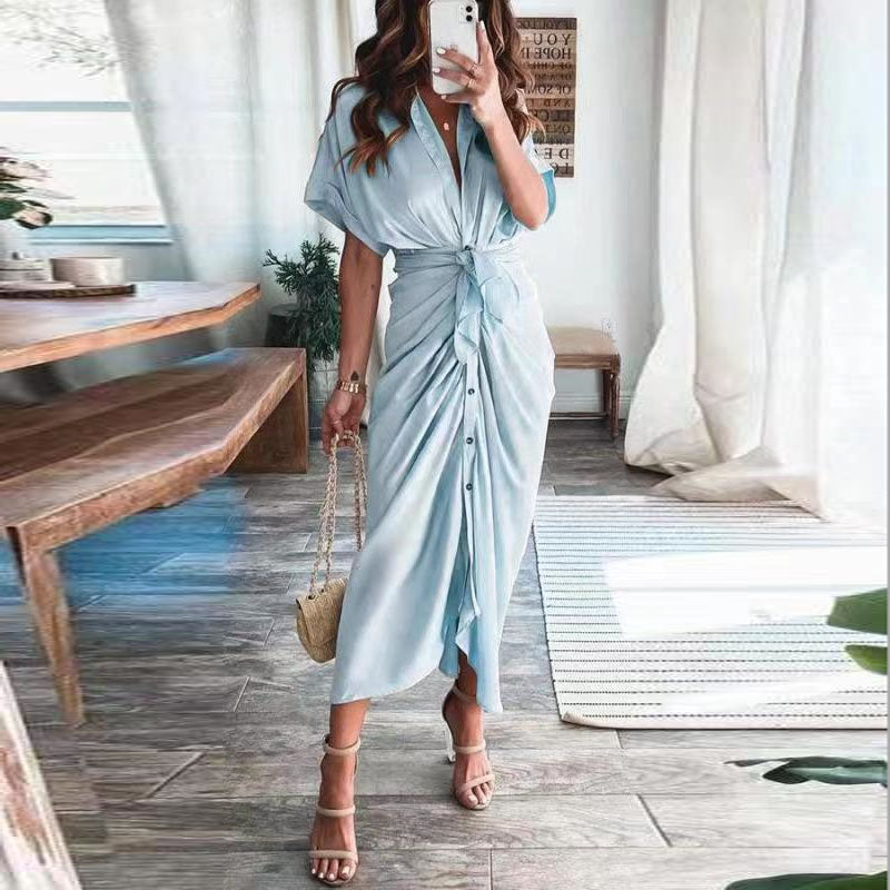 Vestido largo elegante de verano para mujer, de manga corta, con abertura, cuello tipo polo, botones y drapeado para fiesta