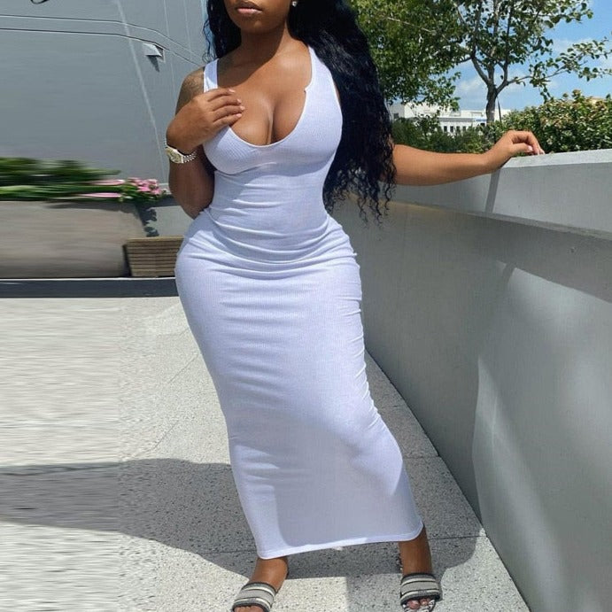 Ribbed Knitted Stripe Women Pure Sleeveless Midi Dress V Neck Bodycon Elegant 2022 Summer - MERGE.DAY.1.FREESTYLE