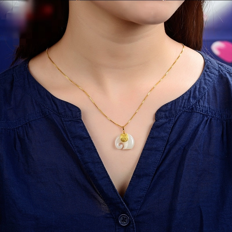 Vintage White Hetian Jade Elephant Pendant 18K Gold Plated Chain Necklace - MERGE.DAY.1.FREESTYLE