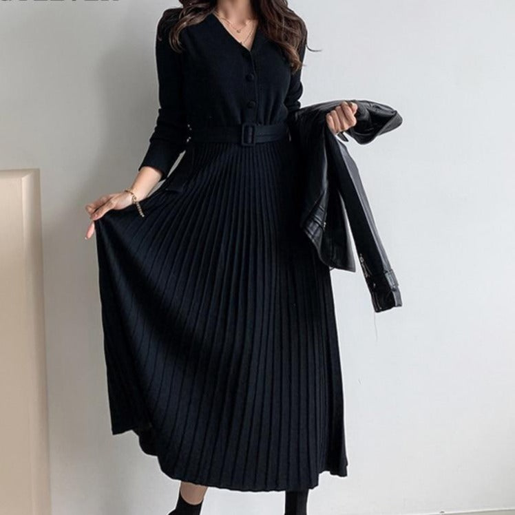 V-neck Single-breasted Women Thicken Sweater Dress Knitted Belted Female A-line soft dresses - MERGE.DAY.1.FREESTYLE
