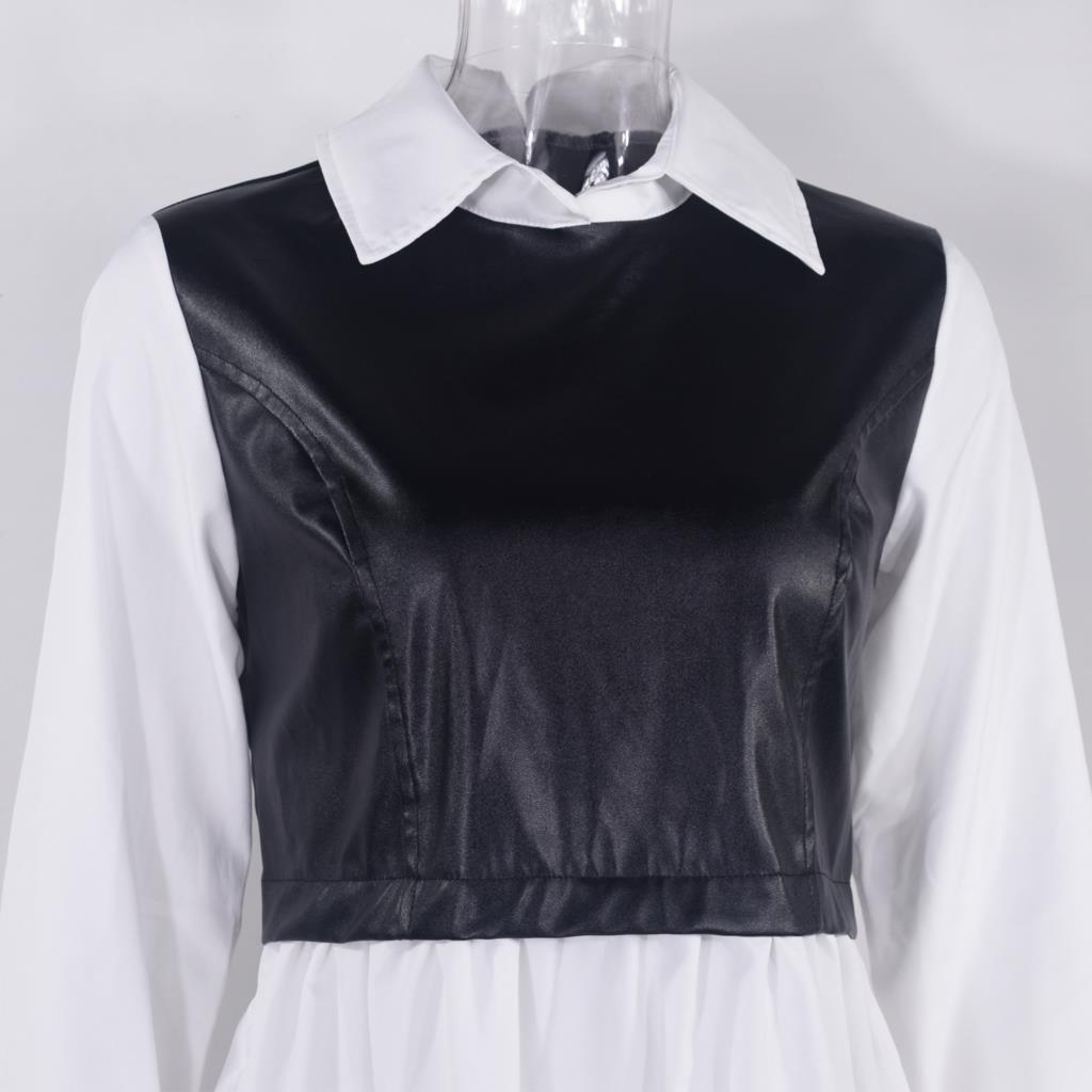 Long Sleeve Mini Shirt Dress For Women White 2022 Spring PU Leather Patchwork Plaid Dresses - MERGE.DAY.1.FREESTYLE