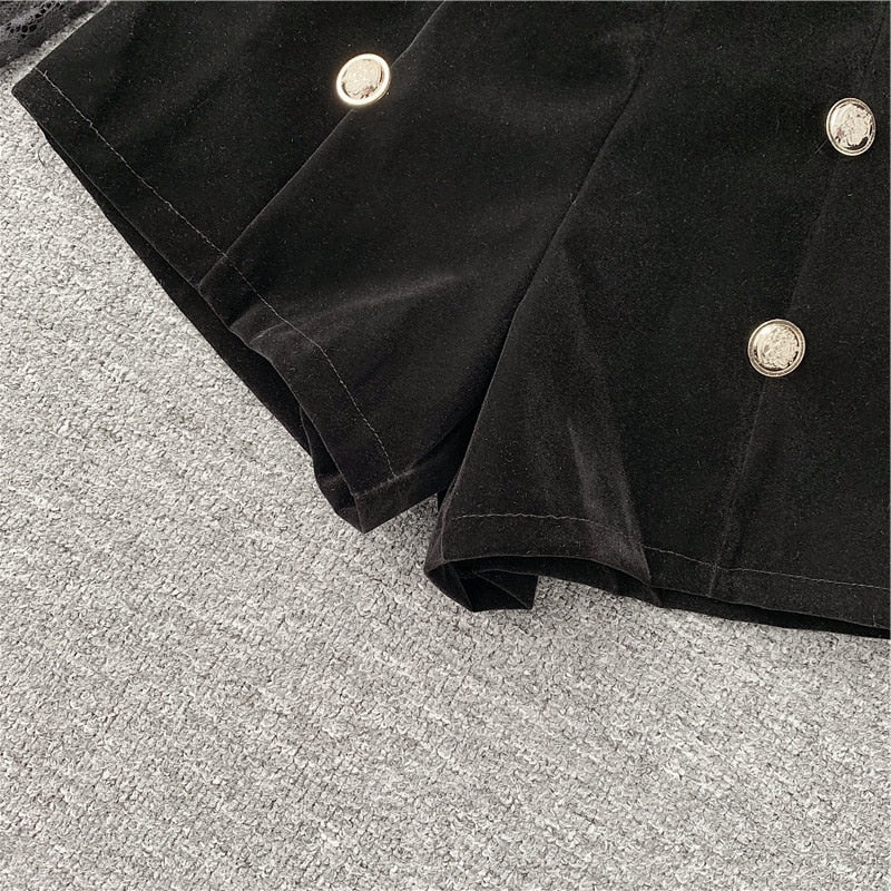 Long Sleeve Lace Embroidery Shirt Women Double Breasted Playsuits Slim Velvet Jumpsuits - MERGE.DAY.1.FREESTYLE