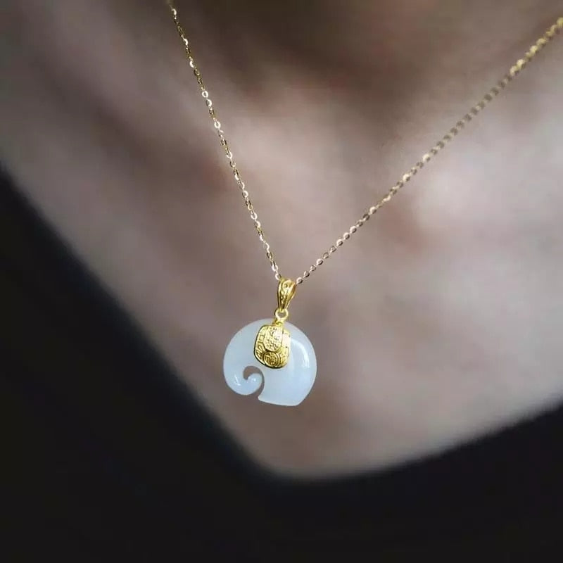 Vintage White Hetian Jade Elephant Pendant 18K Gold Plated Chain Necklace - MERGE.DAY.1.FREESTYLE