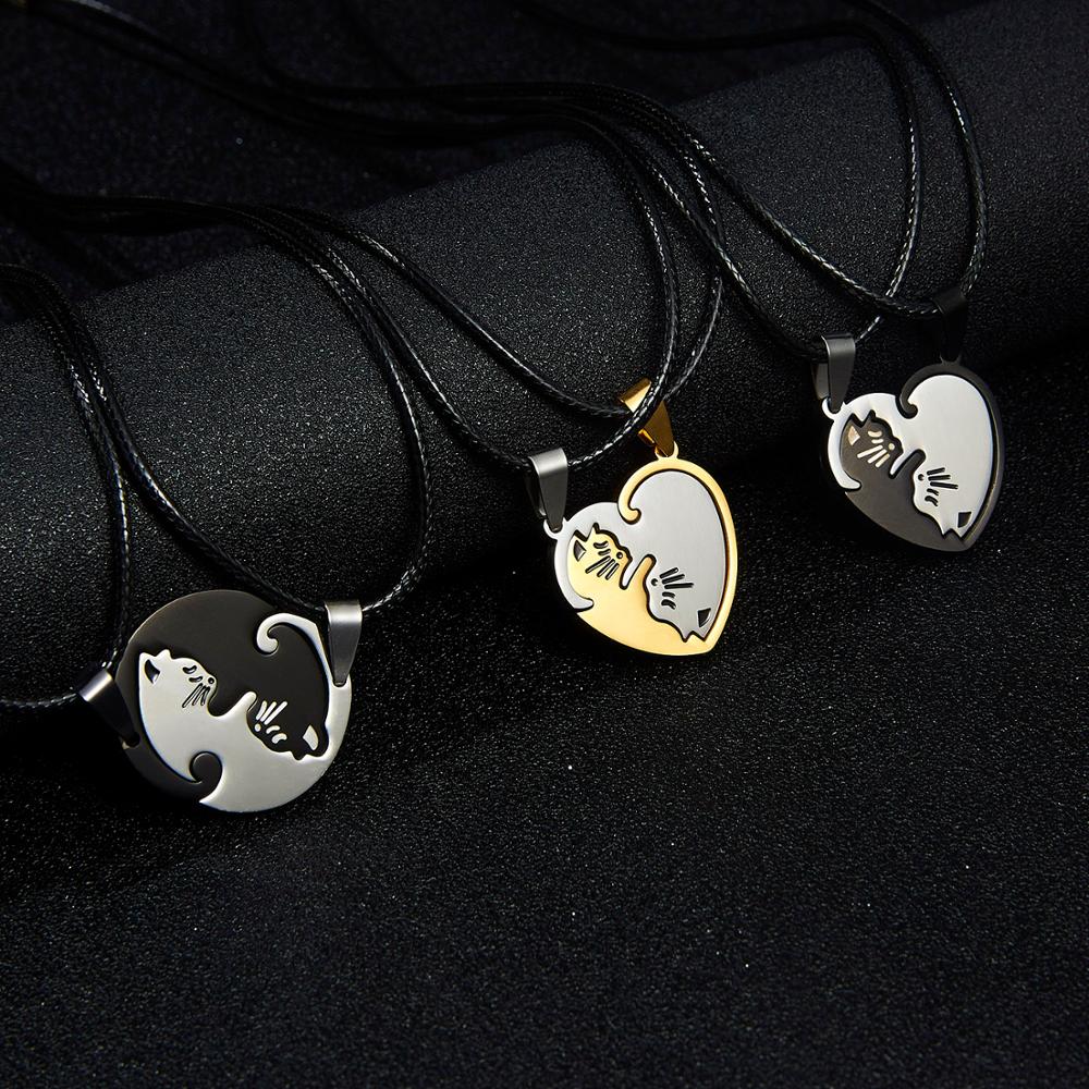 Black White Cat Stitching Necklace Friendship Heart Shape Gold White Cat Cute Couple Jewelry - MERGE.DAY.1.FREESTYLE