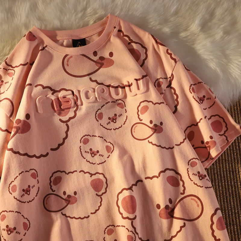 Summer Full Print Cartoon Bear Kawaii Short-Sleeved T-Shirt Loose Harajuku Casual - MERGE.DAY.1.FREESTYLE